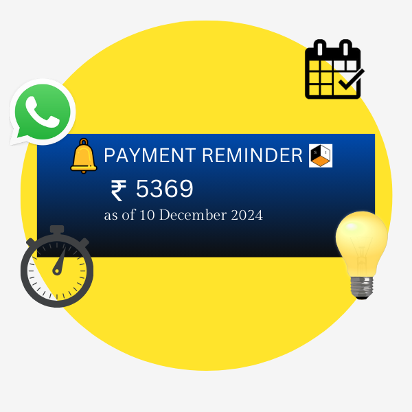 Send payment reminders using billing software dashboard with due amount notification, WhatsApp alert, calendar checkmark, and stopwatch icons for SMEs.